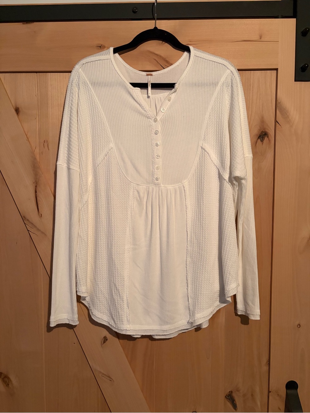 Free People White Long-Sleeve Henley Waffle Top
